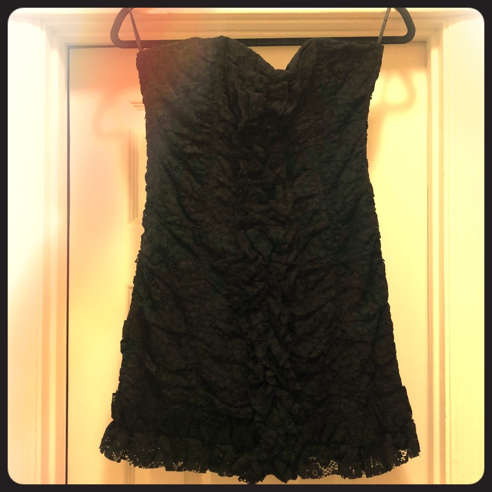 Little black lace ruffle strapless dress